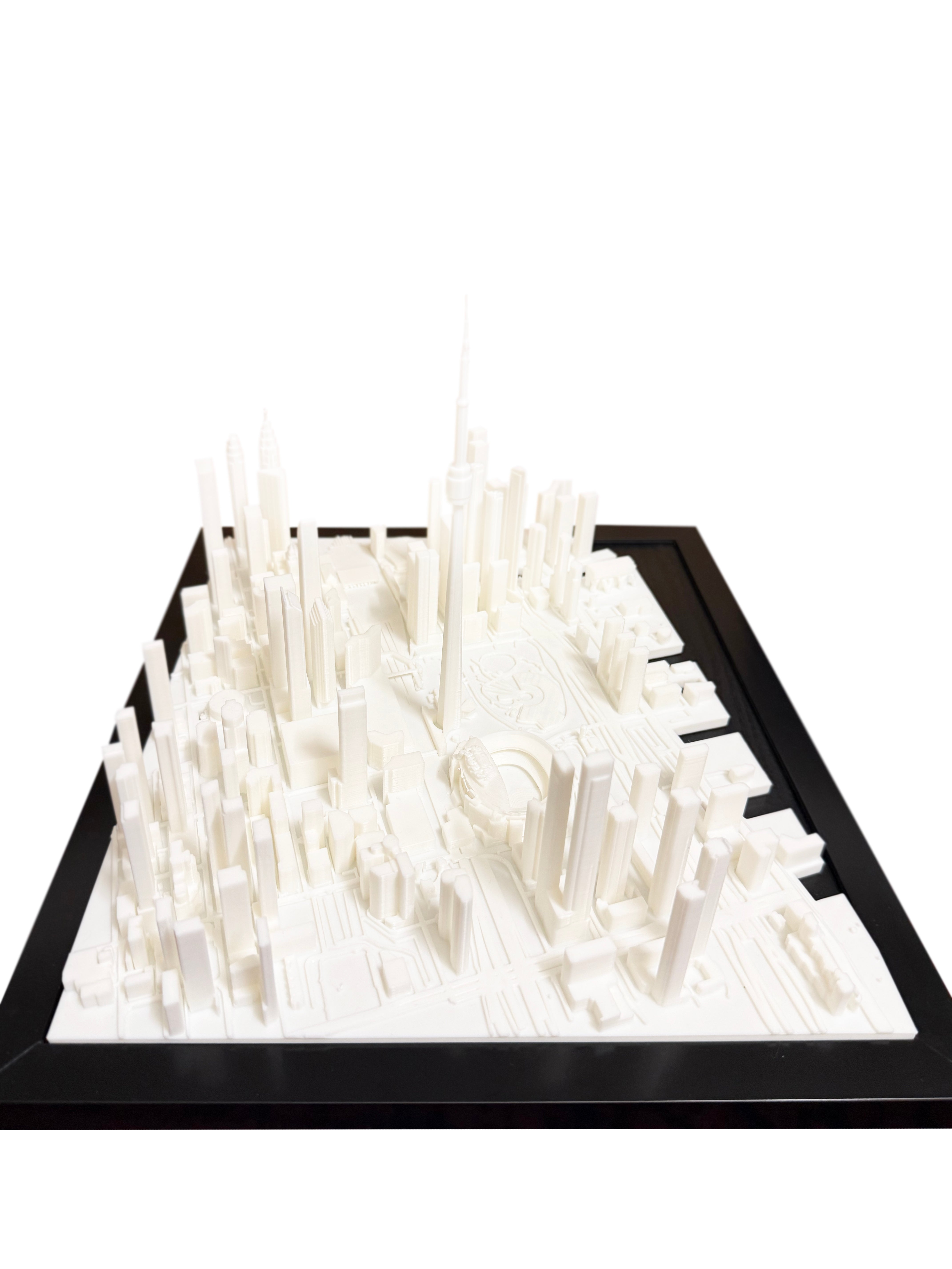 3D-printed cityscape model on a white background